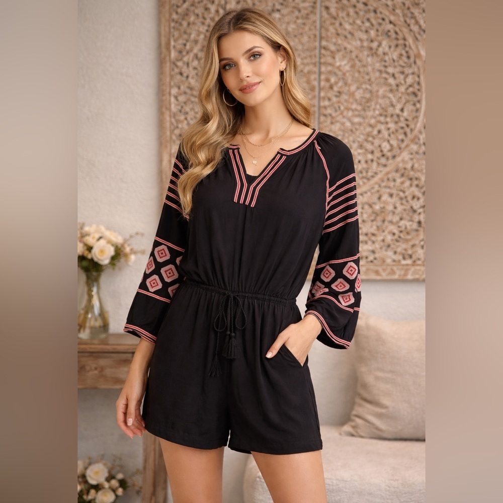 LOFT Black Embroidered Boho Romper Cinched Waist Shorts Jumpsuit